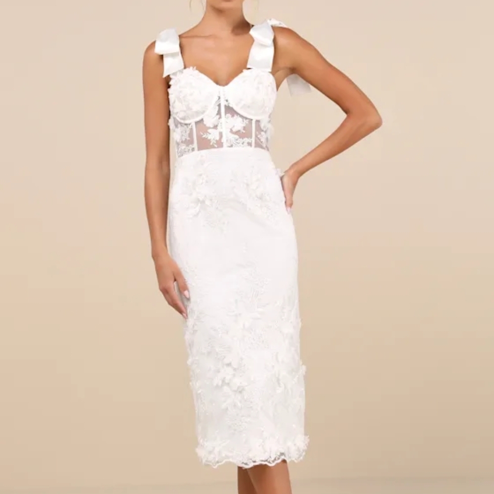 Lulu's White Lace Midi Dress with Bow Straps